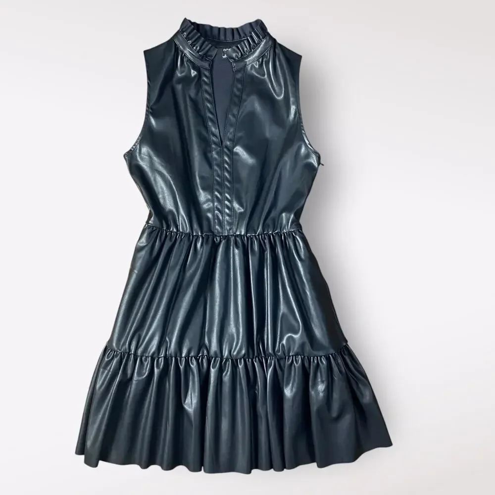 Fate Black Faux Leather Ruffled Tiered Mini Dress Size‎ S Moto Boho Goth